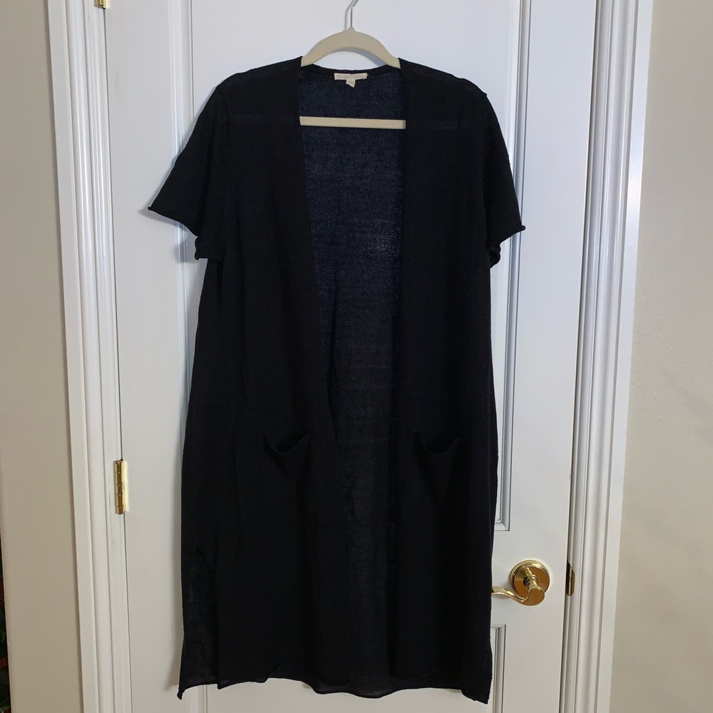 Eileen Fisher Black Linen Knee Length Cardigan with Pockets